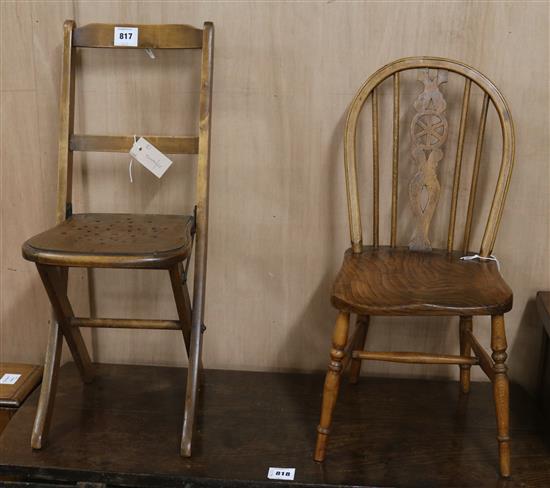 A childs ash and elm wheelback Windsor chair and a a childs beech folding chair